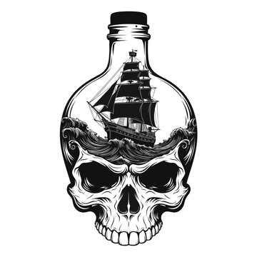 Vintage pirate skull bottle vector illustration, nautical sailing ship inside glass bottle, gothic skull and ocean wave tattoo art design
