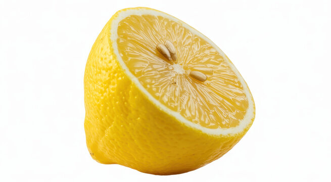 One half of a fresh yellow lemon showing pulp and seeds isolated on a plain white background view