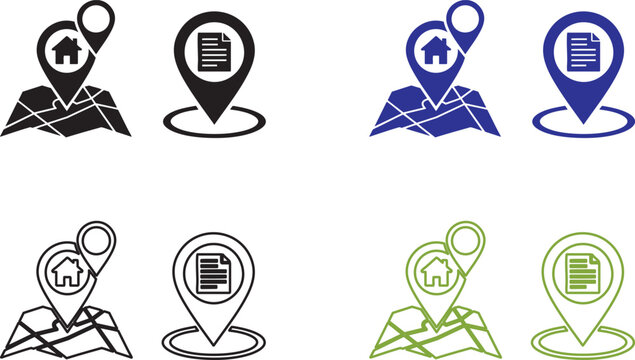 Location with house and document, map pin symbols in various colors