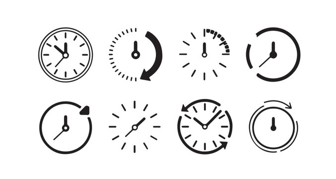 Set of minimalist clock and time icons showing various watch styles and analog face designs.