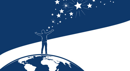 Person Reaching for Stars Above Earth Globe - Concept of Dreams, Success, Inspiration © Ketik