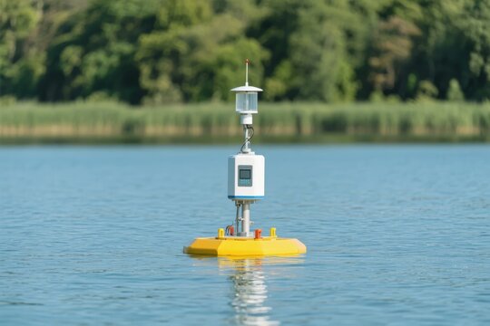 Yellow floating buoy with sensor equipment on a calm lake