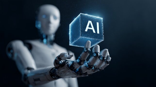 Humanoid robot hand holding a conceptual glowing cube with ai text