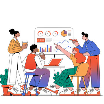 Group of diverse people using laptops and devices around large question and exclamation mark speech bubbles representing online communication and problem solving isolated vector illustration