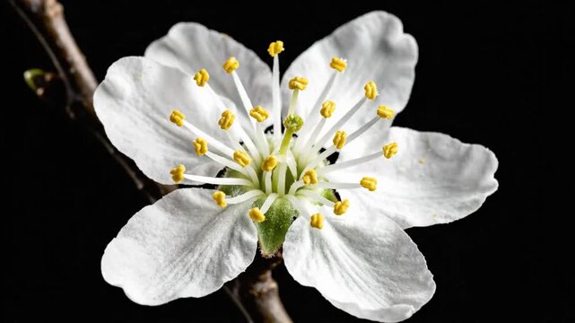 Wild plum fruit flower blossom timelapse showing growth and blooming on black background with clear details of the process
