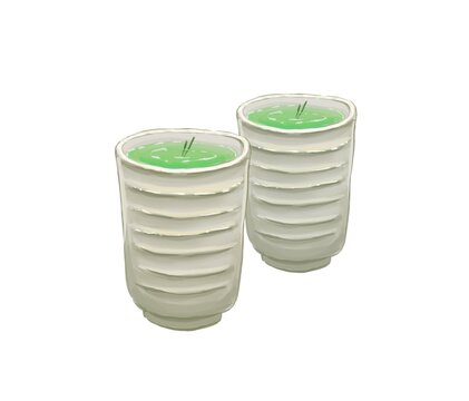 Hand-drawn Japanese green tea in yunomi cups with tea stalks / 湯呑に入った緑茶と茶柱の手描きイラスト