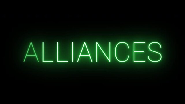Flickering neon green glowing alliances sign animated black background.