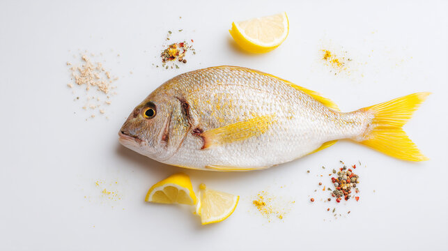 Fresh raw sea bream fish with lemon wedges and pepper spice on white background, ingredient