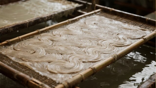 Traditional papermaking process with handmade pulp on a bamboo screen