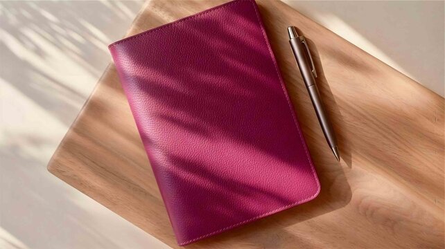 A high-angle close-up shot of a textured, magenta leather notebook lying diagonally on a light wood surface, with a metallic silver pen positioned parallel to its spine