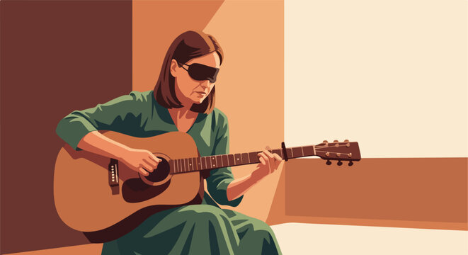 A blindfolded woman in a green dress plays an acoustic guitar indoors at home