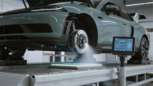 Electric vehicle undergoing brake system testing on a dynamometer in a controlled laboratory environment