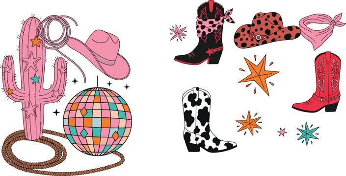 Retro western cowgirl themed illustration set with cactus disco ball cowboy boots hats and bandana elements