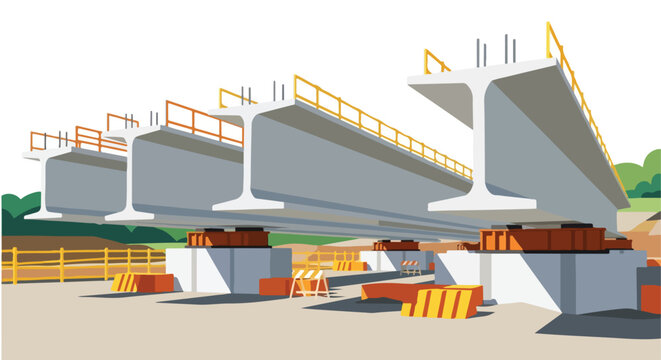 Concrete bridge girders are positioned on supports at a highway construction site