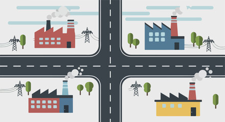 Fototapeta premium Flat illustration of industrial factories surrounding a city crossroads intersection