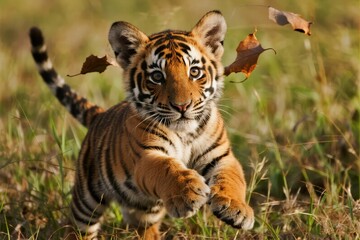 Obraz premium A young tiger cub runs through a grassy field with autumn leaves swirling around it.