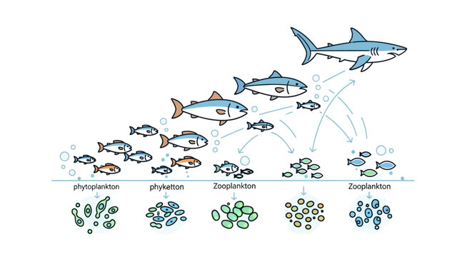 Infographic illustration of a marine food chain with various fish and a shark, showcasing phytoplankton, zooplankton, and fish consumption.