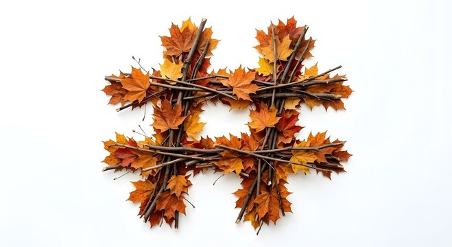 Rustic hashtag symbol made of autumn maple leaves and twigs isolated on white background. Nature-themed social media icon for fall season marketing and creative design.