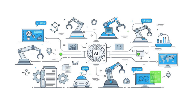 Flat lay of various industrial robotic arms and manufacturing symbols connected by lines on a white background with a technical and innovative mood.