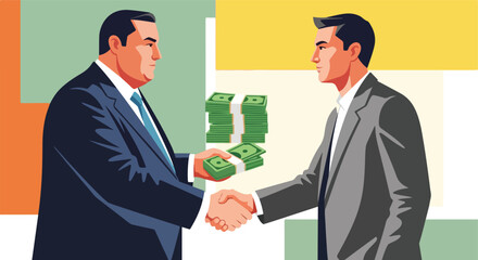 Fototapeta premium Two businessmen in suits shaking hands while exchanging a stack of paper money