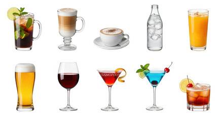 Collage of ten different alcoholic and non-alcoholic beverages isolated on transparent background
