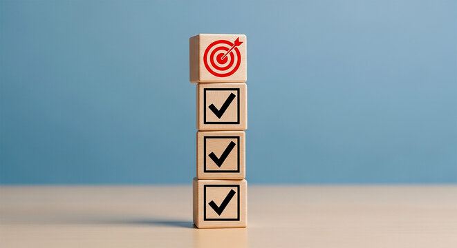 Achieving the Bullseye: A visual representation of a completed task, with a bullseye target atop a stack of blocks, each marked with a checkmark, symbolizing successful goal attainment. 