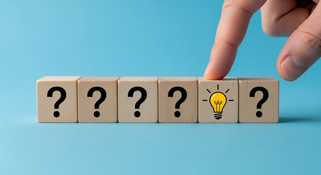 The spark of an Idea:  A person's finger hovers over a wooden block illustrating a light bulb, surrounded by question marks, conveying the essence of idea generation and problem-solving.