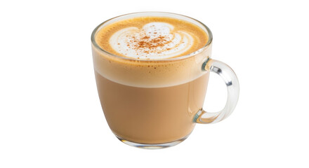 Obraz premium Frothy cappuccino coffee with cinnamon dusting in a clear glass isolated on transparent background