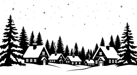 Obraz premium Cozy Winter Village Silhouette with Snow-Covered Houses and Pine Trees