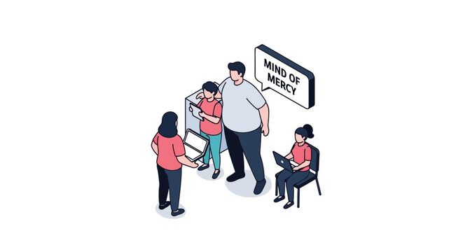 Isometric illustration of people with a thought bubble about mercy.