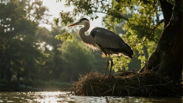 Great blue heron standing on a nest by a river in a forested area during daylight
