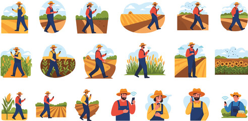 Fototapeta premium Group of farmers using smartphones for precision agriculture monitoring in cultivated fields set