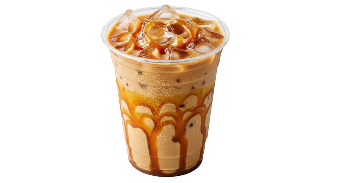 Iced caramel coffee drink with caramel drizzle in a clear isolated on transparent background