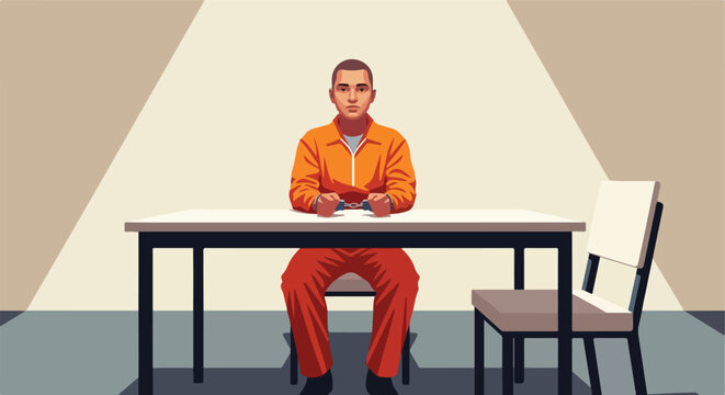 A man in an orange jumpsuit sits handcuffed at a table in an interrogation room