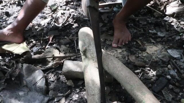 a piece of fallen branch being cut with a handsaw, an Asian man sitting and sawing a piece of wood