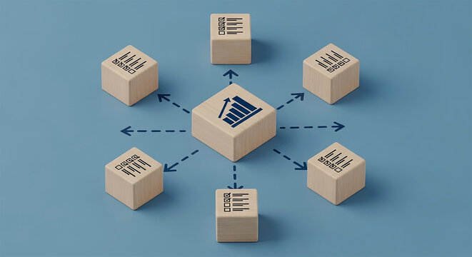 Strategic Network in Cubes: Conceptual arrangement of wooden cubes with graphics representing interconnected business data and strategies, suggesting collaboration and network efficiency.