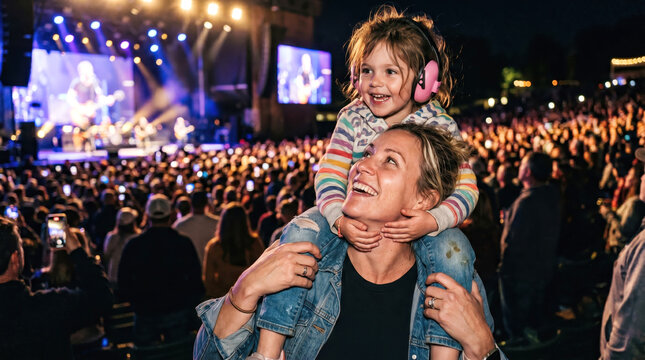 Mother and little girl with ear protection at outdoor music concert