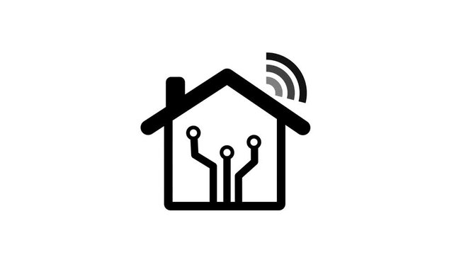 Black line Smart home with wi-fi icon isolated on white background. Remote control. 4K Video motion graphic animation.Home automation icon on white background