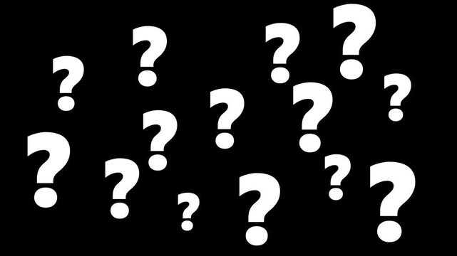 Question mark animation on chroma key glowing white effect on green screen background. confused effect raining question mark, motion graphic animation.