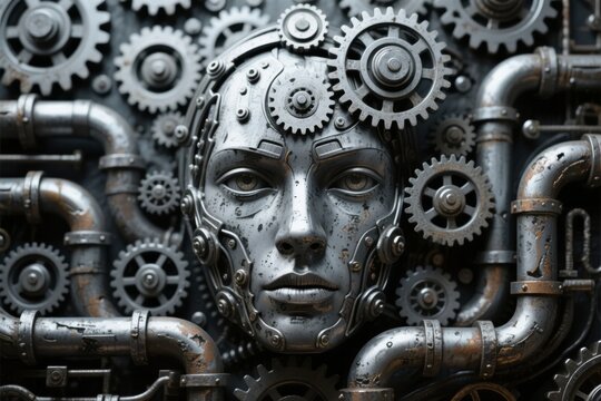 Mechanical face integrated with gears and pipes in a steampunk design