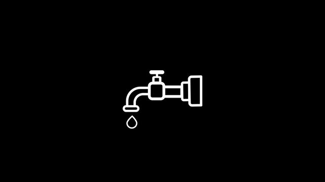 Animation icon. A white and black image of a faucet with water dripping from it.Tap water line icon motion graphic animation with alpha channel.