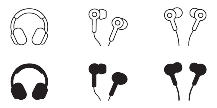 Selection of professional over ear headphones and earbuds icons featuring line art and solid black vector designs for audio and media communication apps.
