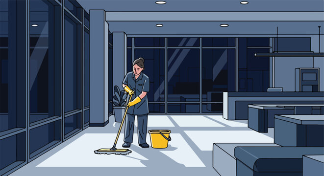 A person in work uniform mopping the office floor during the night shift hours