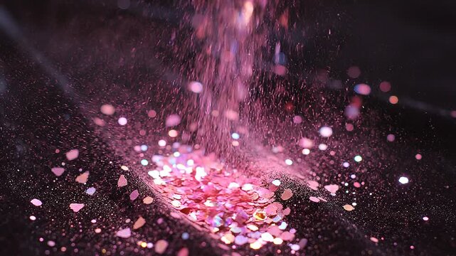 Pink heart-shaped confetti pouring onto a dark surface