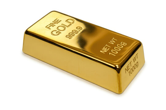 Single shiny gold bar with fine gold 999.9 and 1000g weight stamp isolated on white background