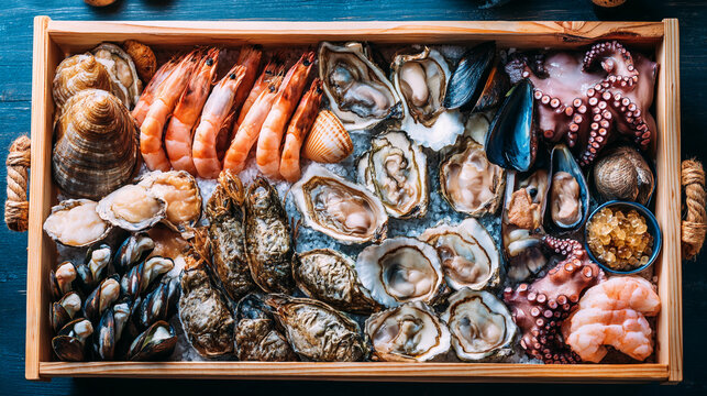 Diverse assortment of fresh raw seafood and shellfish in a rustic wooden crate with shellfish