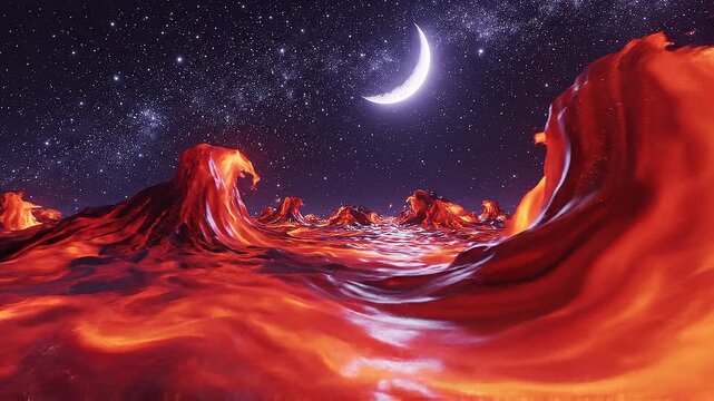 A fantasy creature watches a crescent moon under a starry night sky amidst fiery waves