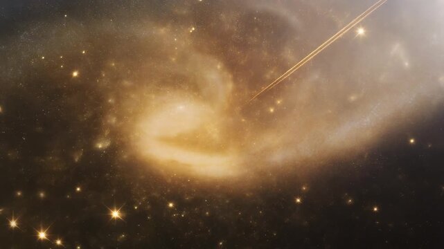 A bright beam of light shoots through the center of a spiral galaxy in space