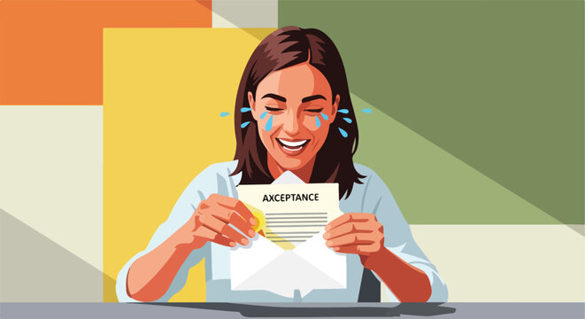 A woman crying tears of joy while holding an acceptance letter from an envelope