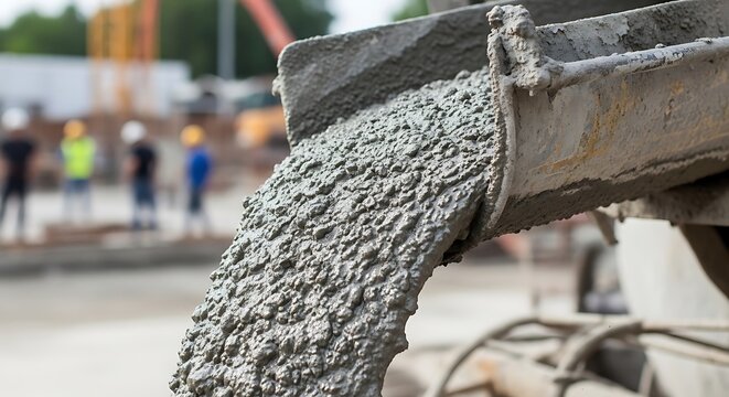 Close-up of wet concrete pouring from a mixer truck chute at a construction site